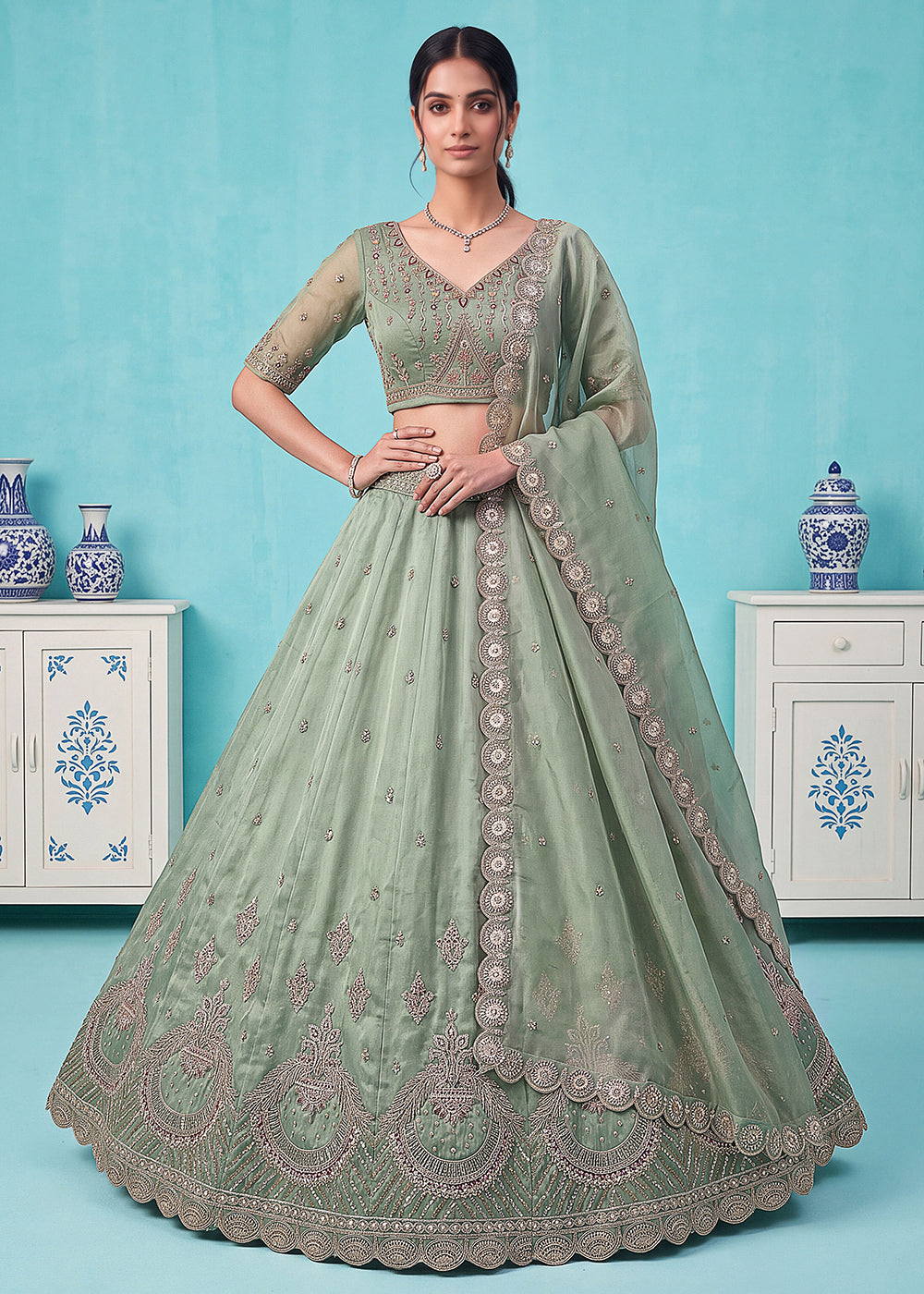 Buy Now Beautiful Green Handwork & Crystal Beads Party Lehenga Choli Online in US, UK, Canada, France, Italy, Germany, Sweden, Denmark & Worldwide at Empress.