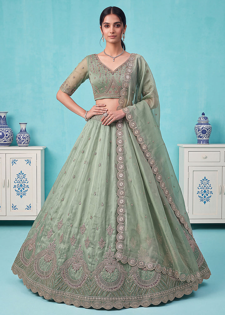 Buy Now Beautiful Green Handwork &amp; Crystal Beads Party Lehenga Choli Online in US, UK, Canada, France, Italy, Germany, Sweden, Denmark &amp; Worldwide at Empress.