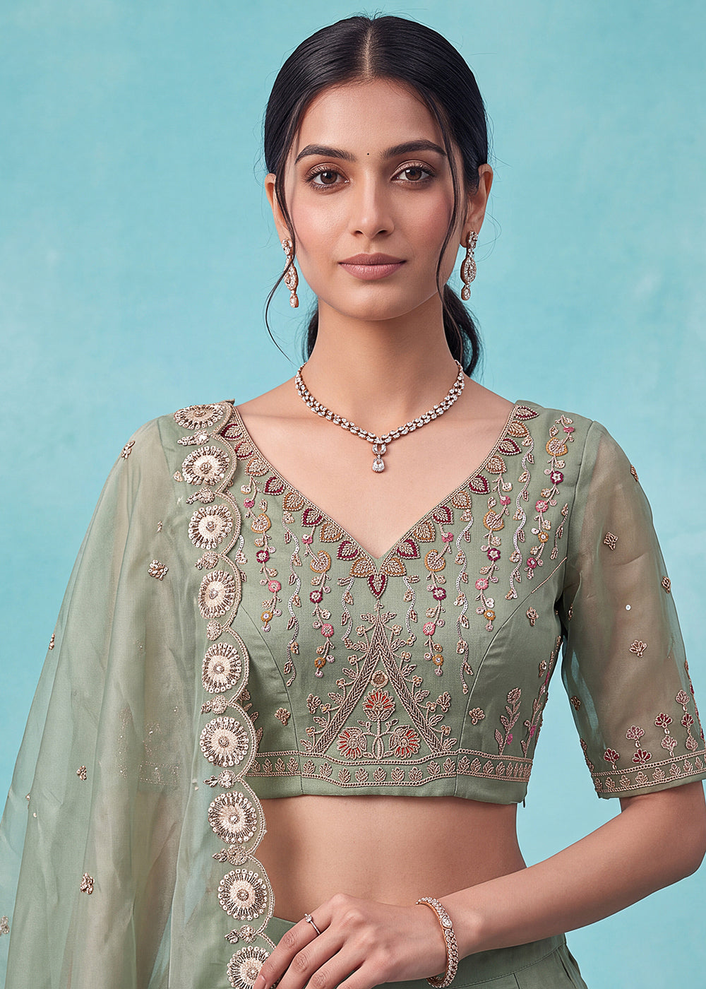 Buy Now Beautiful Green Handwork & Crystal Beads Party Lehenga Choli Online in US, UK, Canada, France, Italy, Germany, Sweden, Denmark & Worldwide at Empress.