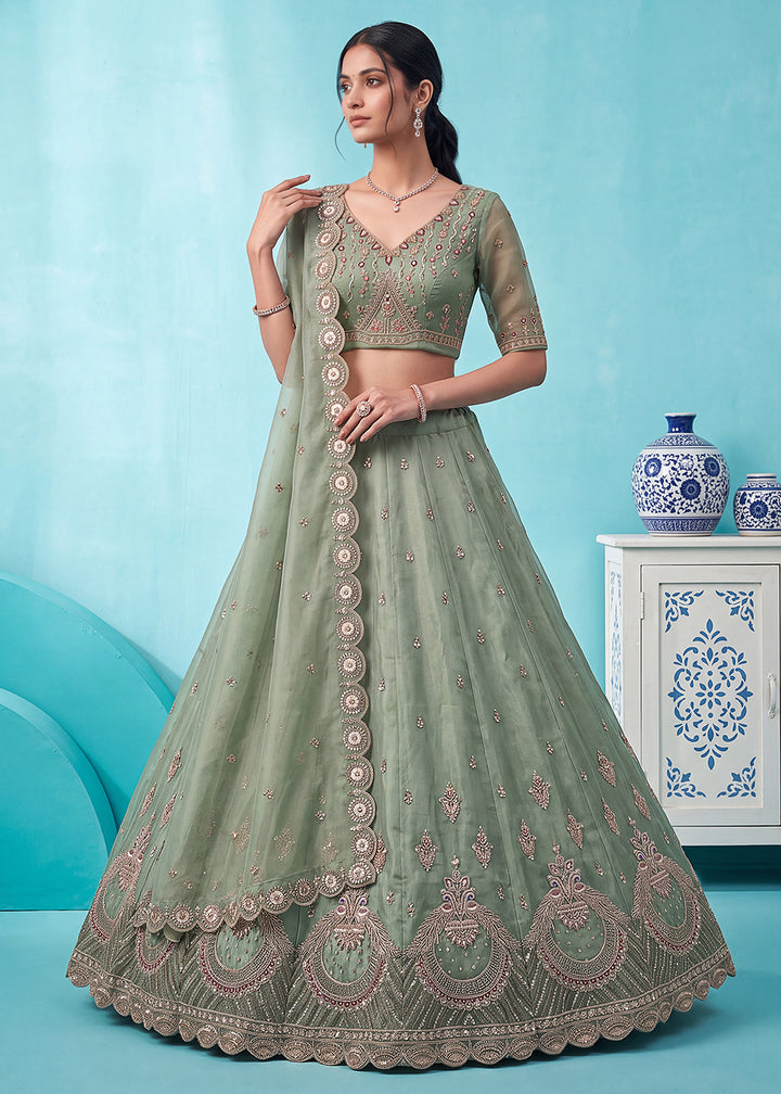 Buy Now Beautiful Green Handwork &amp; Crystal Beads Party Lehenga Choli Online in US, UK, Canada, France, Italy, Germany, Sweden, Denmark &amp; Worldwide at Empress.
