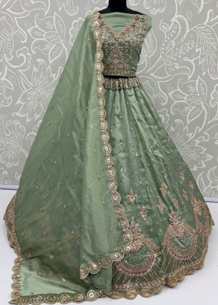 Buy Now Beautiful Green Handwork &amp; Crystal Beads Party Lehenga Choli Online in US, UK, Canada, France, Italy, Germany, Sweden, Denmark &amp; Worldwide at Empress.