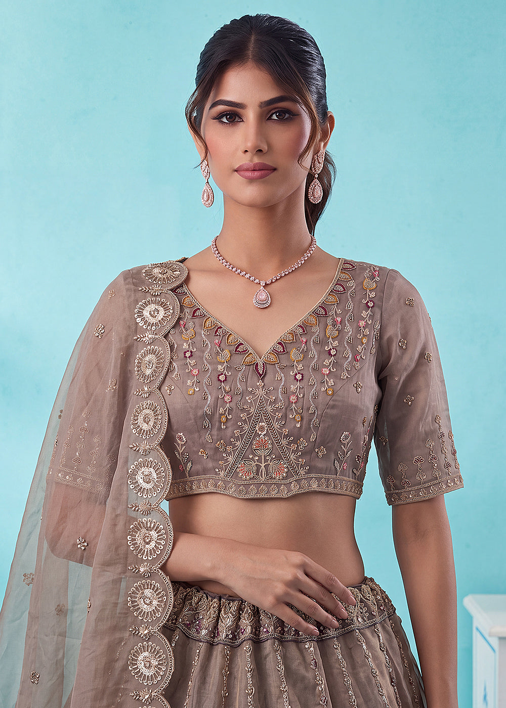 Buy Now Brown Silk Peacock Patten Indian Wedding Lehenga Choli Online in US, UK, Canada, France, Italy, Germany, Sweden, Denmark, UAE & Worldwide at Empress.
