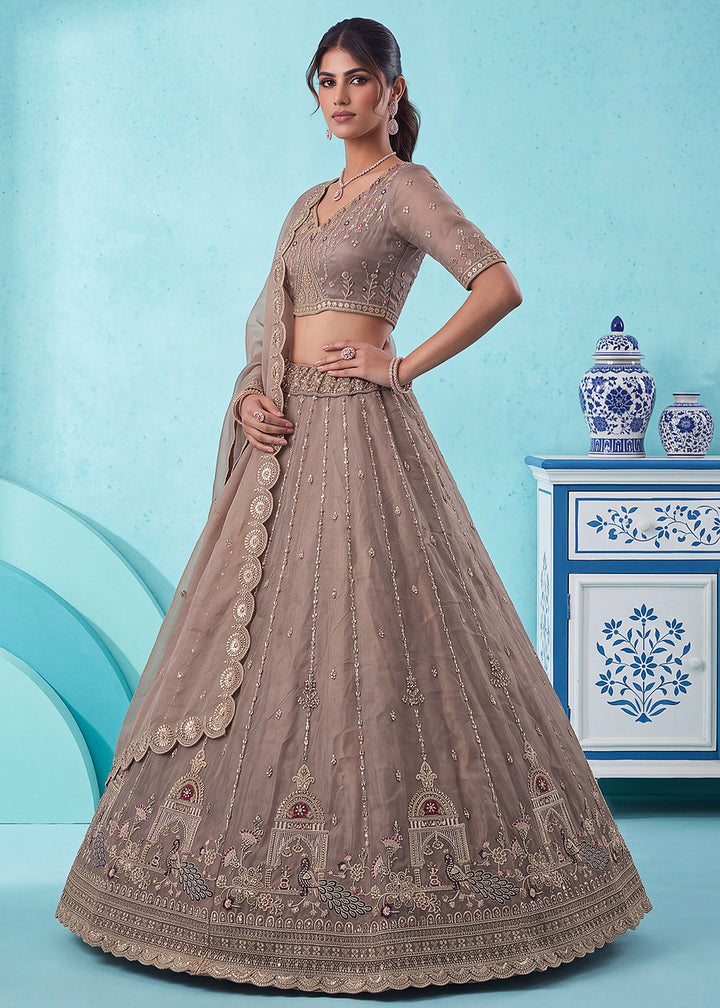 Buy Now Brown Silk Peacock Patten Indian Wedding Lehenga Choli Online in US, UK, Canada, France, Italy, Germany, Sweden, Denmark, UAE &amp; Worldwide at Empress.