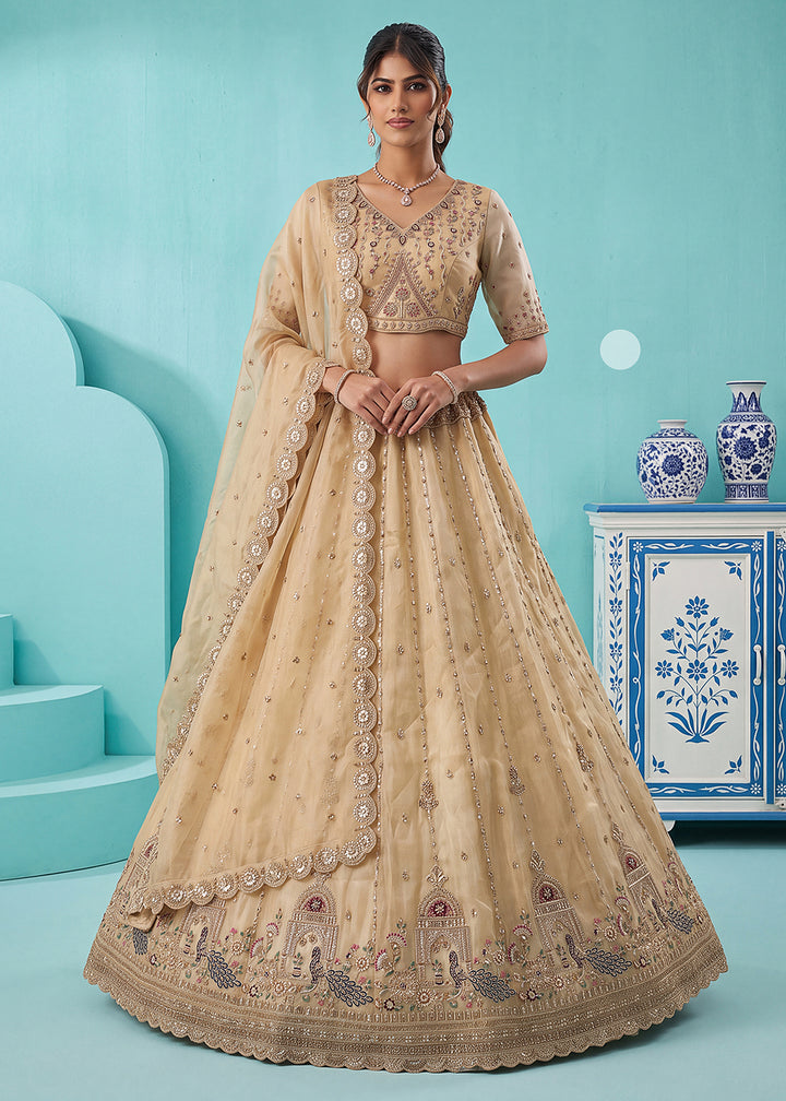 Buy Now Cream Silk Peacock Patten Indian Wedding Lehenga Choli Online in US, UK, Canada, France, Italy, Germany, Sweden, Denmark, UAE &amp; Worldwide at Empress.
