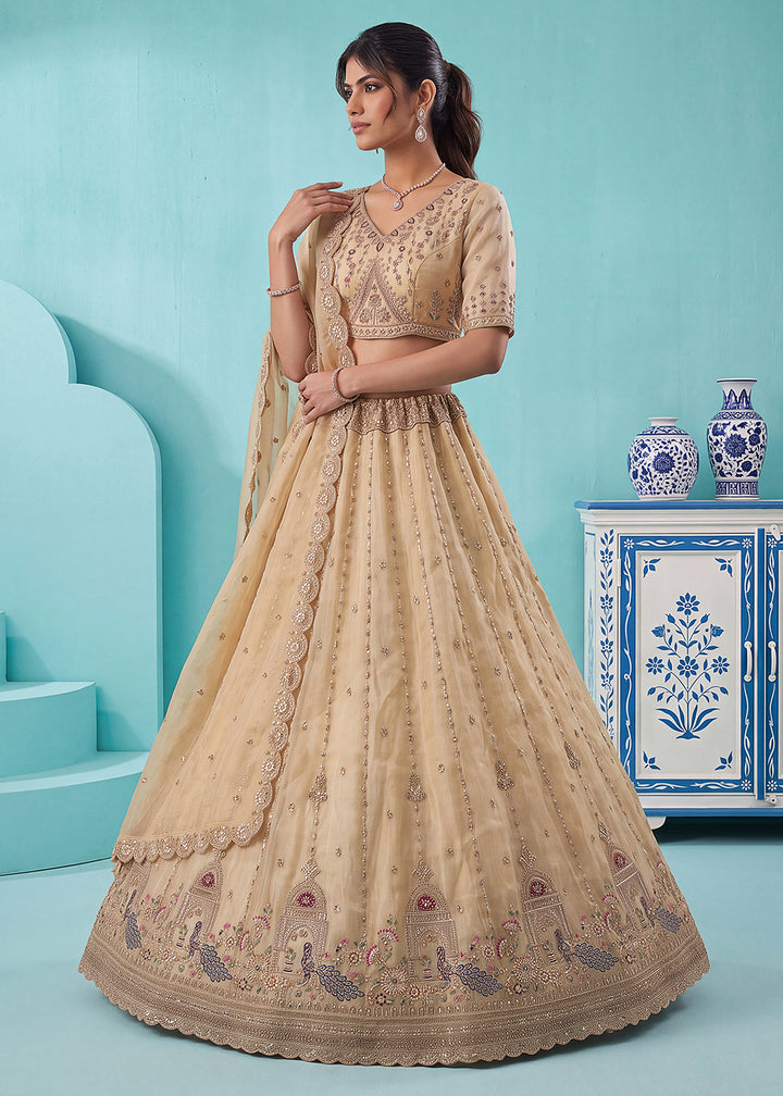 Buy Now Cream Silk Peacock Patten Indian Wedding Lehenga Choli Online in US, UK, Canada, France, Italy, Germany, Sweden, Denmark, UAE &amp; Worldwide at Empress.