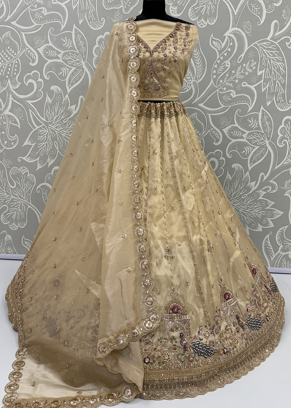 Buy Now Cream Silk Peacock Patten Indian Wedding Lehenga Choli Online in US, UK, Canada, France, Italy, Germany, Sweden, Denmark, UAE &amp; Worldwide at Empress.