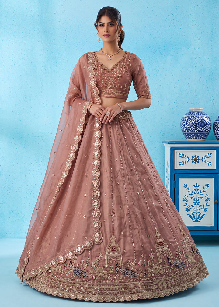 Buy Now Taupe Silk Peacock Patten Indian Wedding Lehenga Choli Online in US, UK, Canada, France, Italy, Germany, Sweden, Denmark, UAE &amp; Worldwide at Empress.