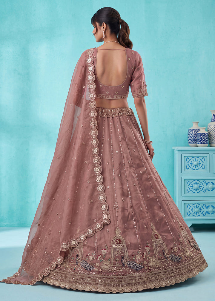 Buy Now Taupe Silk Peacock Patten Indian Wedding Lehenga Choli Online in US, UK, Canada, France, Italy, Germany, Sweden, Denmark, UAE &amp; Worldwide at Empress.