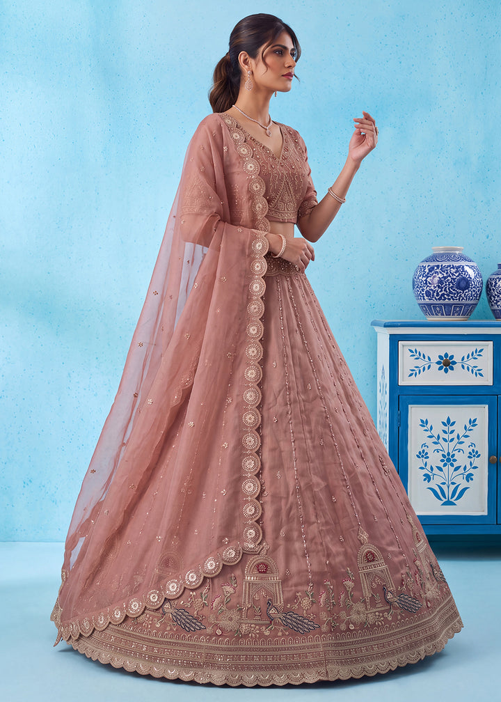 Buy Now Taupe Silk Peacock Patten Indian Wedding Lehenga Choli Online in US, UK, Canada, France, Italy, Germany, Sweden, Denmark, UAE &amp; Worldwide at Empress.