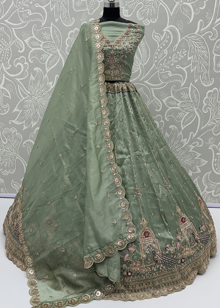 Buy Now Green Silk Peacock Patten Indian Wedding Lehenga Choli Online in US, UK, Canada, France, Italy, Germany, Sweden, Denmark, UAE &amp; Worldwide at Empress.