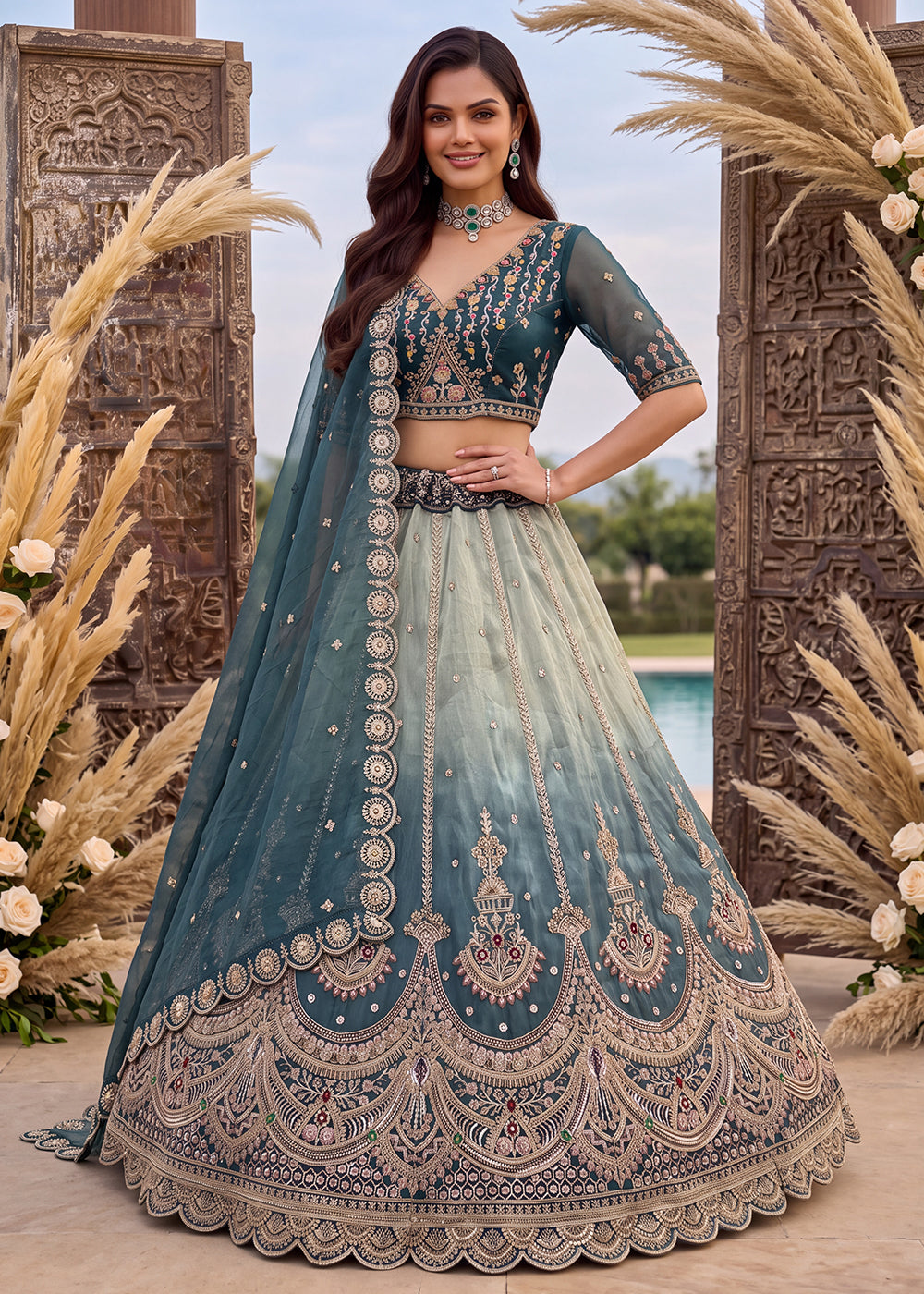 Buy Now Astonishing Art Of Work in Shaded Blue Designer Lehenga Choli Online in US, UK, Canada, France, Italy, Germany, Sweden, Denmark &amp; Worldwide at Empress.
