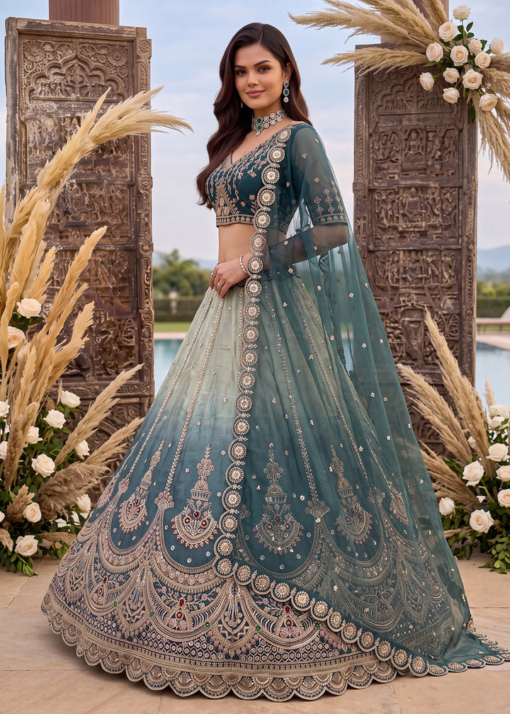 Buy Now Astonishing Art Of Work in Shaded Blue Designer Lehenga Choli Online in US, UK, Canada, France, Italy, Germany, Sweden, Denmark &amp; Worldwide at Empress.