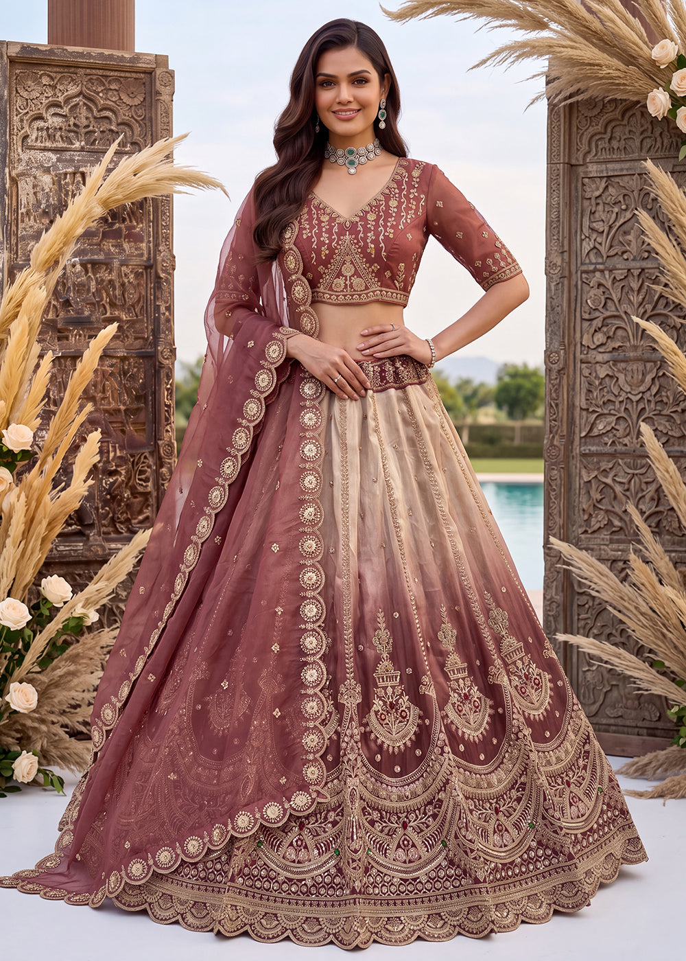 Buy Now Astonishing Art Of Work in Shaded Pink Designer Lehenga Choli Online in US, UK, Canada, France, Italy, Germany, Sweden, Denmark & Worldwide at Empress.