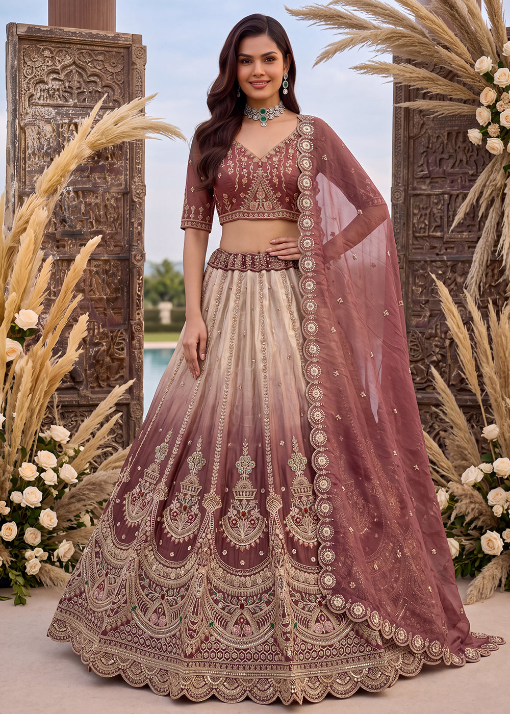 Buy Now Astonishing Art Of Work in Shaded Pink Designer Lehenga Choli Online in US, UK, Canada, France, Italy, Germany, Sweden, Denmark &amp; Worldwide at Empress.