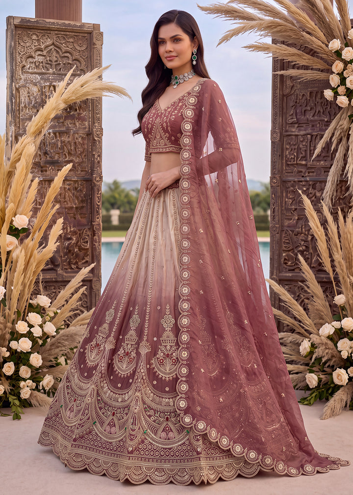 Buy Now Astonishing Art Of Work in Shaded Pink Designer Lehenga Choli Online in US, UK, Canada, France, Italy, Germany, Sweden, Denmark &amp; Worldwide at Empress.