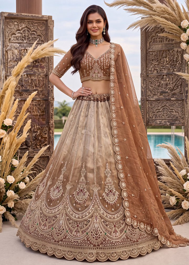 Buy Now Astonishing Art Of Work in Shaded Brown Designer Lehenga Choli Online in US, UK, Canada, France, Italy, Germany, Sweden, Denmark &amp; Worldwide at Empress.