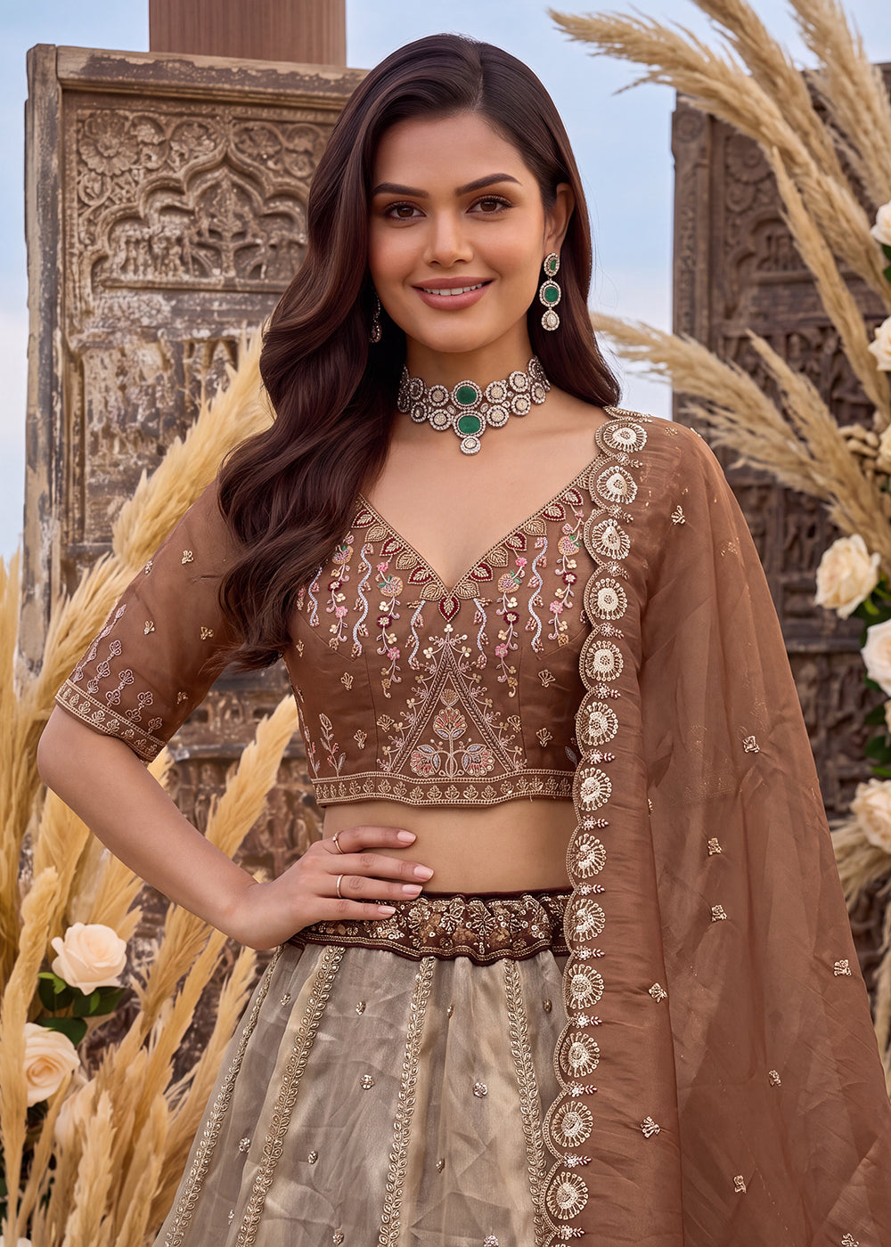Buy Now Astonishing Art Of Work in Shaded Brown Designer Lehenga Choli Online in US, UK, Canada, France, Italy, Germany, Sweden, Denmark & Worldwide at Empress.