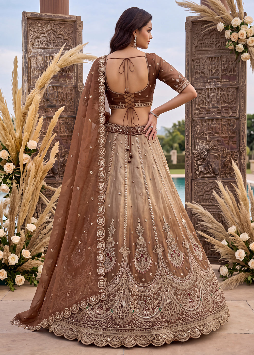 Buy Now Astonishing Art Of Work in Shaded Brown Designer Lehenga Choli Online in US, UK, Canada, France, Italy, Germany, Sweden, Denmark &amp; Worldwide at Empress.
