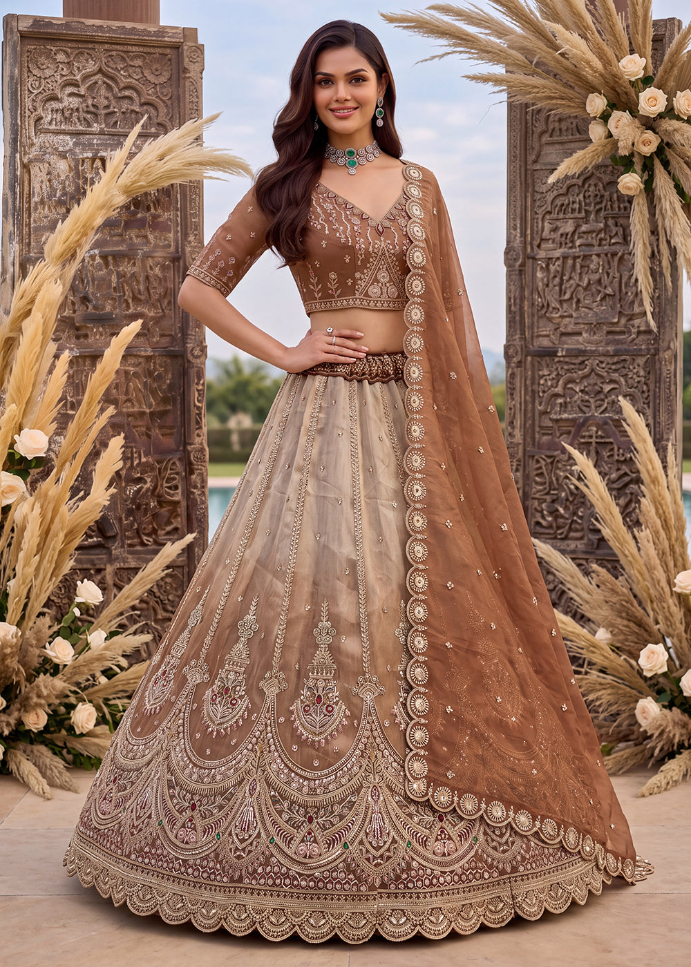 Buy Now Astonishing Art Of Work in Shaded Brown Designer Lehenga Choli Online in US, UK, Canada, France, Italy, Germany, Sweden, Denmark &amp; Worldwide at Empress.
