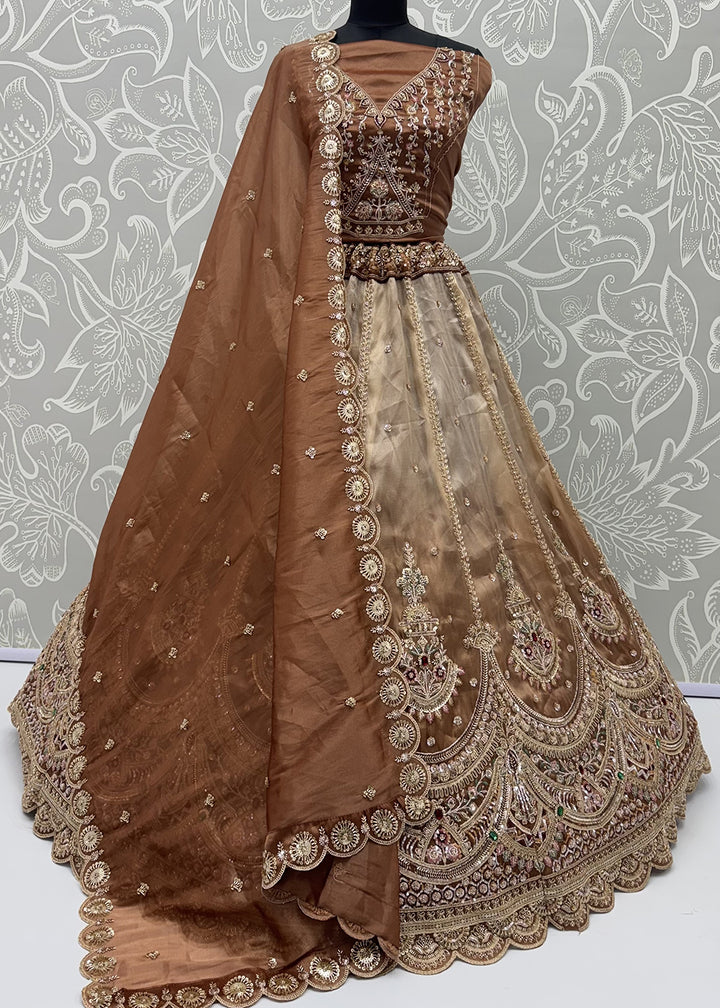 Buy Now Astonishing Art Of Work in Shaded Brown Designer Lehenga Choli Online in US, UK, Canada, France, Italy, Germany, Sweden, Denmark &amp; Worldwide at Empress.