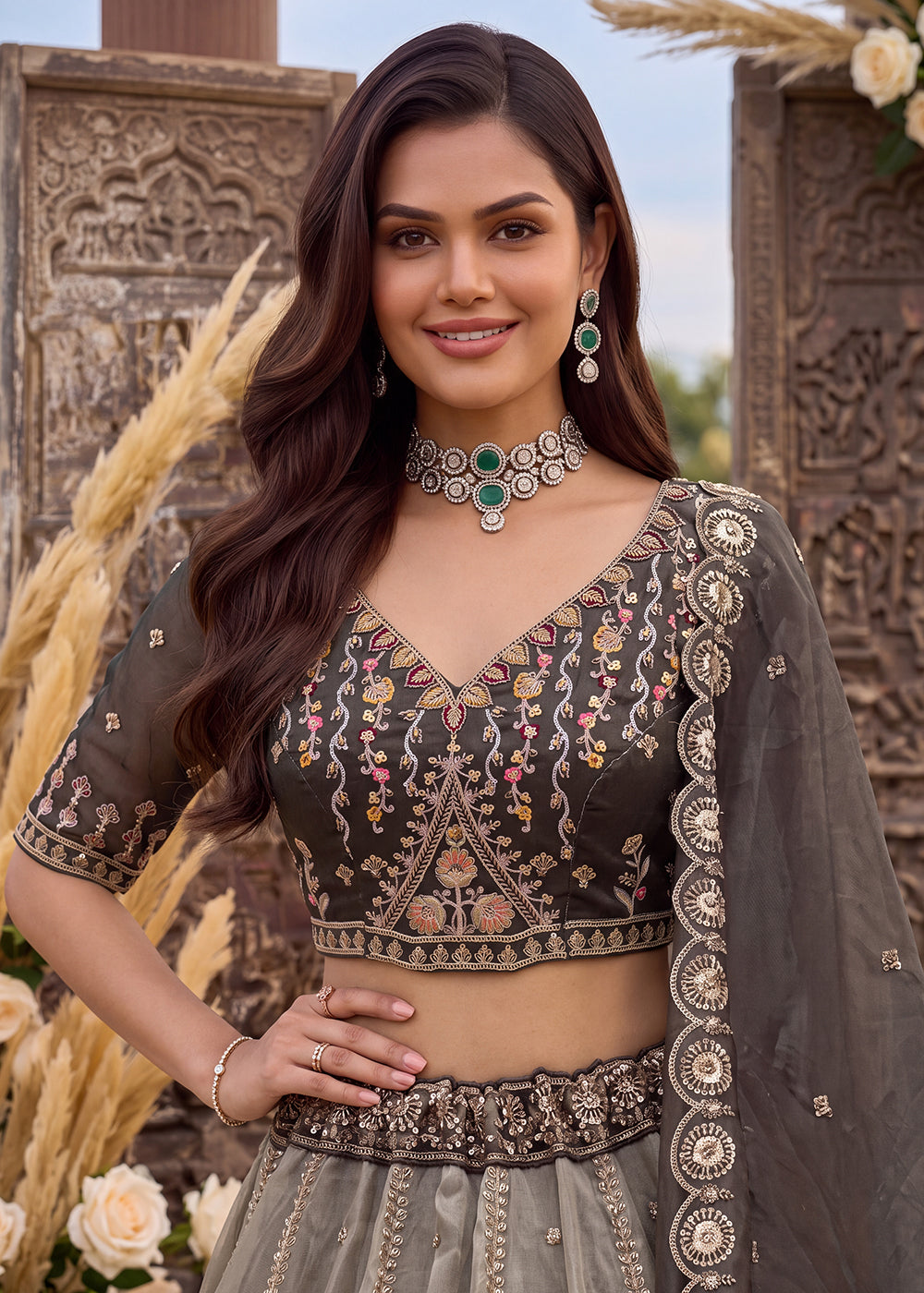 Buy Now Astonishing Art Of Work in Shaded Grey Designer Lehenga Choli Online in US, UK, Canada, France, Italy, Germany, Sweden, Denmark &amp; Worldwide at Empress.