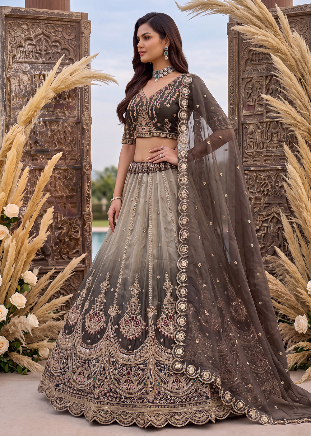 Buy Now Astonishing Art Of Work in Shaded Grey Designer Lehenga Choli Online in US, UK, Canada, France, Italy, Germany, Sweden, Denmark &amp; Worldwide at Empress.