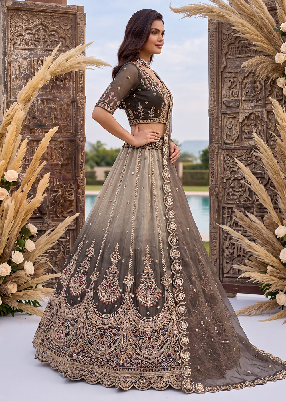 Buy Now Astonishing Art Of Work in Shaded Grey Designer Lehenga Choli Online in US, UK, Canada, France, Italy, Germany, Sweden, Denmark &amp; Worldwide at Empress.