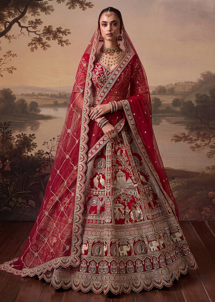 Buy Now Baraat Style Handwork Deep Red Bridal Lehenga Choli Online in US, UK, Canada, France, Italy, Germany, Sweden, Denmark, Australia &amp; Worldwide at Empress.