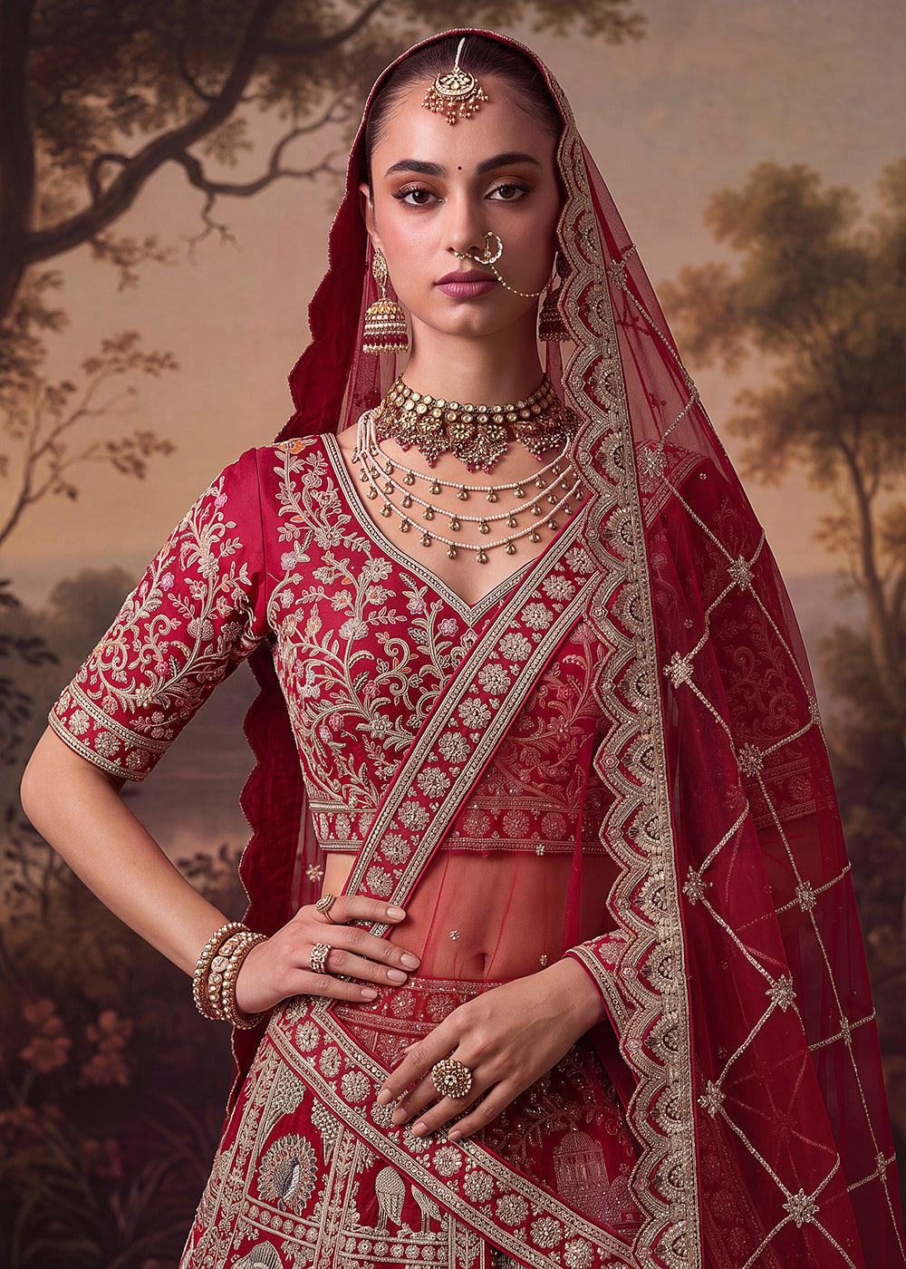 Buy Now Baraat Style Handwork Deep Red Bridal Lehenga Choli Online in US, UK, Canada, France, Italy, Germany, Sweden, Denmark, Australia &amp; Worldwide at Empress.