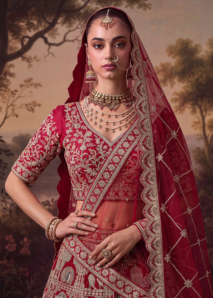 Buy Now Baraat Style Handwork Deep Red Bridal Lehenga Choli Online in US, UK, Canada, France, Italy, Germany, Sweden, Denmark, Australia &amp; Worldwide at Empress.