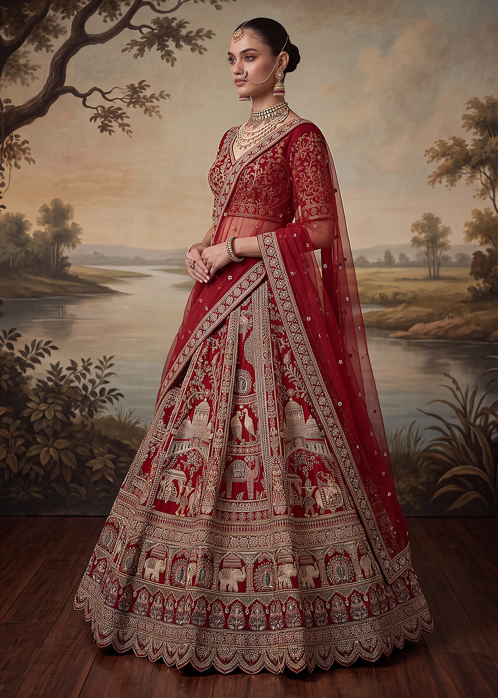 Buy Now Baraat Style Handwork Deep Red Bridal Lehenga Choli Online in US, UK, Canada, France, Italy, Germany, Sweden, Denmark, Australia &amp; Worldwide at Empress.