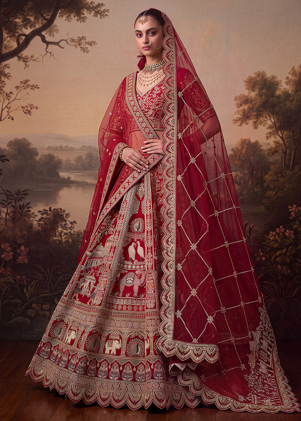Buy Now Baraat Style Handwork Deep Red Bridal Lehenga Choli Online in US, UK, Canada, France, Italy, Germany, Sweden, Denmark, Australia &amp; Worldwide at Empress.