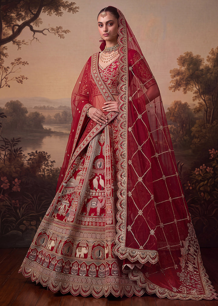 Buy Now Baraat Style Handwork Deep Red Bridal Lehenga Choli Online in US, UK, Canada, France, Italy, Germany, Sweden, Denmark, Australia &amp; Worldwide at Empress.