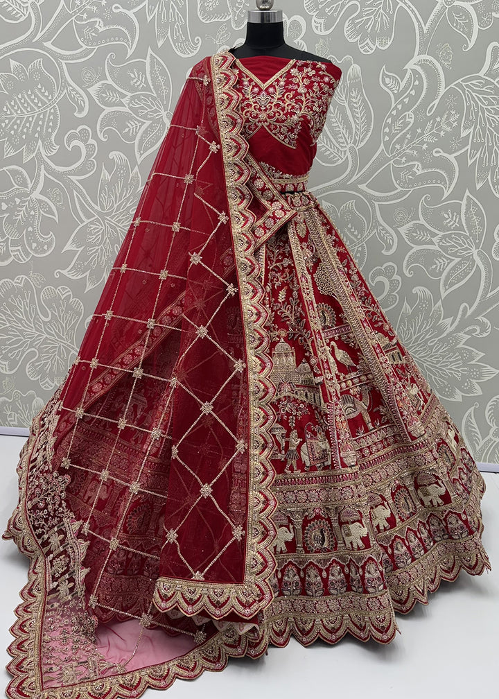 Buy Now Baraat Style Handwork Deep Red Bridal Lehenga Choli Online in US, UK, Canada, France, Italy, Germany, Sweden, Denmark, Australia &amp; Worldwide at Empress.