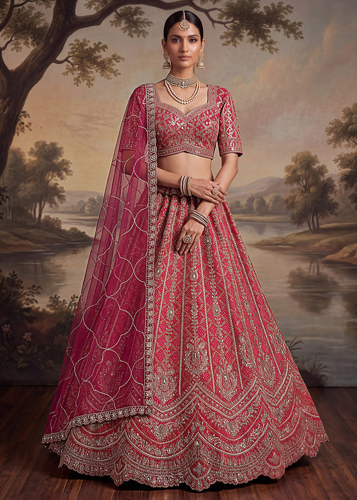 Shop Now Pink Banarasi Silk With Handwork Designer Bridal Lehenga Choli Online in US, UK, Canada, France, Germany, Austria, Sweden, UAE &amp; Worldwide at Empress.