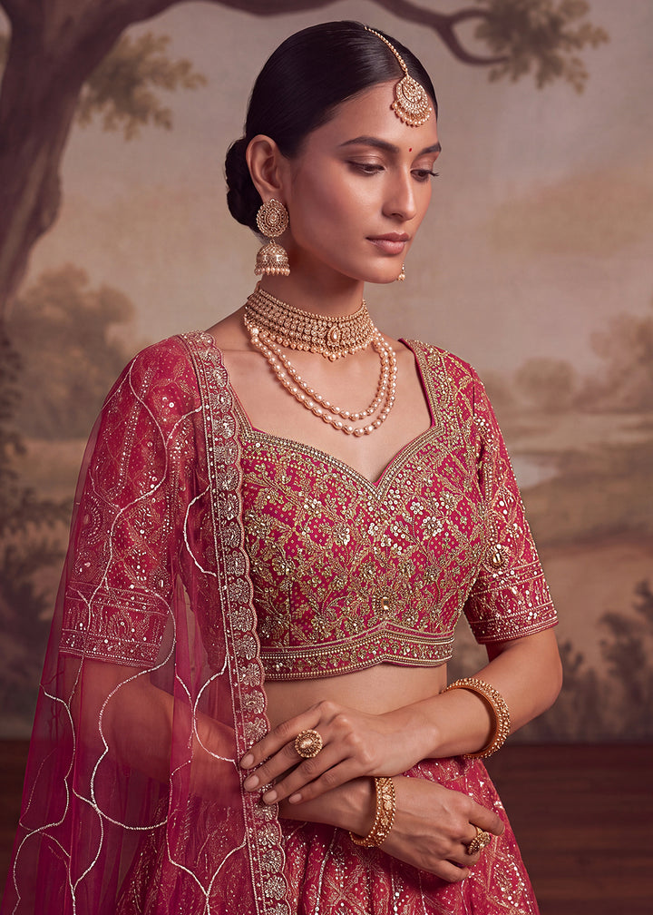 Shop Now Pink Banarasi Silk With Handwork Designer Bridal Lehenga Choli Online in US, UK, Canada, France, Germany, Austria, Sweden, UAE &amp; Worldwide at Empress.