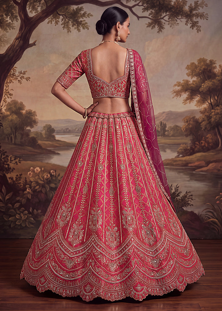 Shop Now Pink Banarasi Silk With Handwork Designer Bridal Lehenga Choli Online in US, UK, Canada, France, Germany, Austria, Sweden, UAE &amp; Worldwide at Empress.