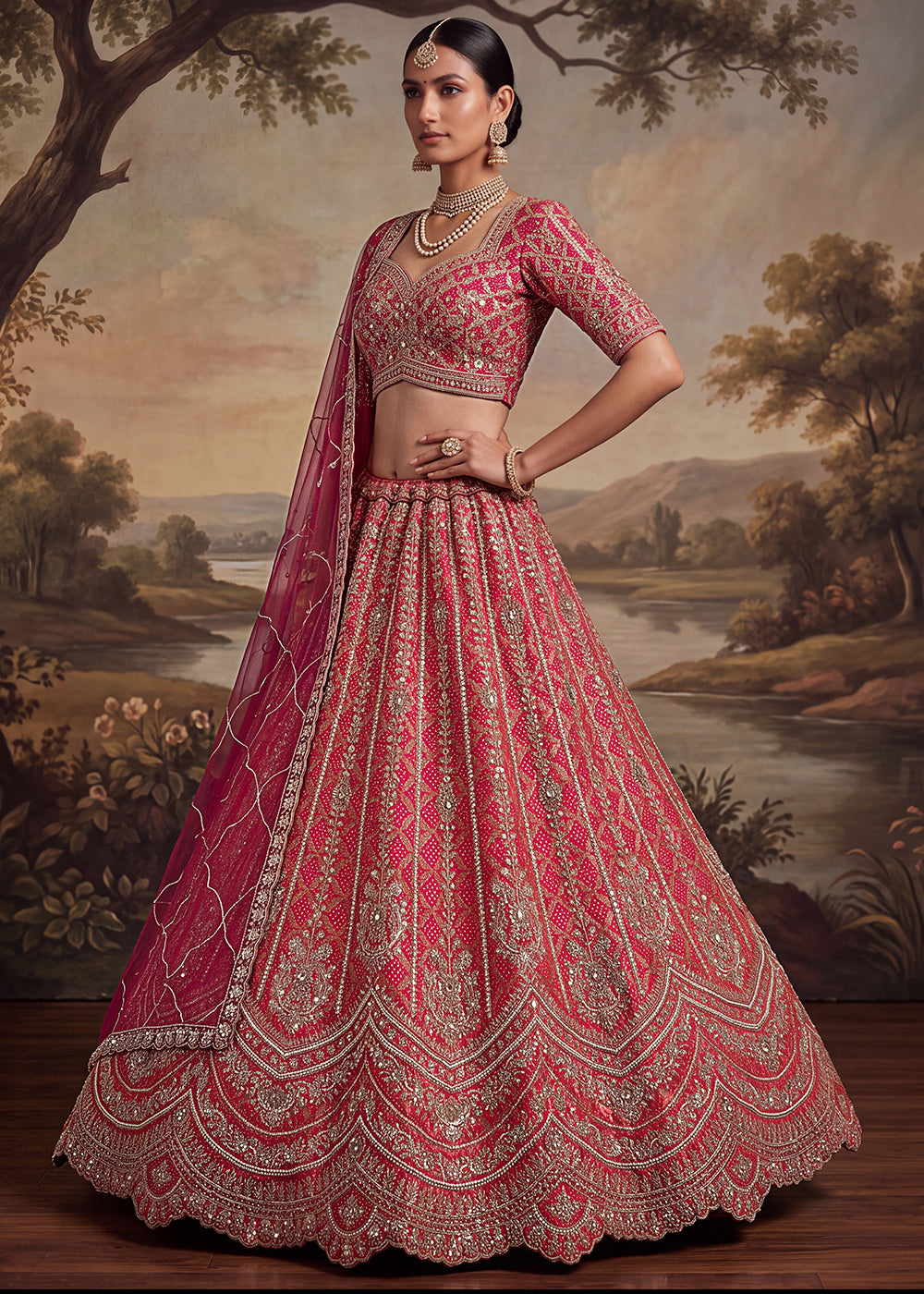 Shop Now Pink Banarasi Silk With Handwork Designer Bridal Lehenga Choli Online in US, UK, Canada, France, Germany, Austria, Sweden, UAE &amp; Worldwide at Empress.