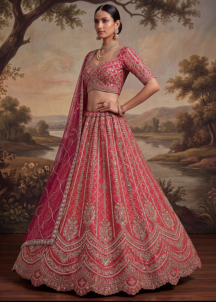 Shop Now Pink Banarasi Silk With Handwork Designer Bridal Lehenga Choli Online in US, UK, Canada, France, Germany, Austria, Sweden, UAE &amp; Worldwide at Empress.