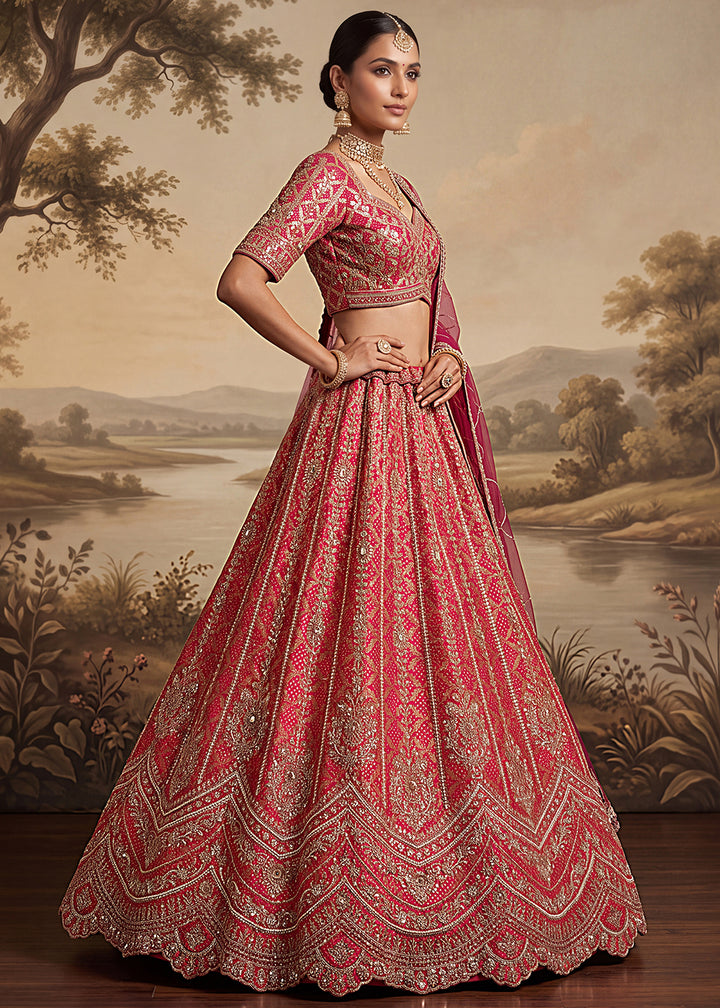 Shop Now Pink Banarasi Silk With Handwork Designer Bridal Lehenga Choli Online in US, UK, Canada, France, Germany, Austria, Sweden, UAE &amp; Worldwide at Empress.