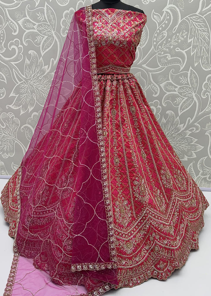 Shop Now Pink Banarasi Silk With Handwork Designer Bridal Lehenga Choli Online in US, UK, Canada, France, Germany, Austria, Sweden, UAE &amp; Worldwide at Empress.
