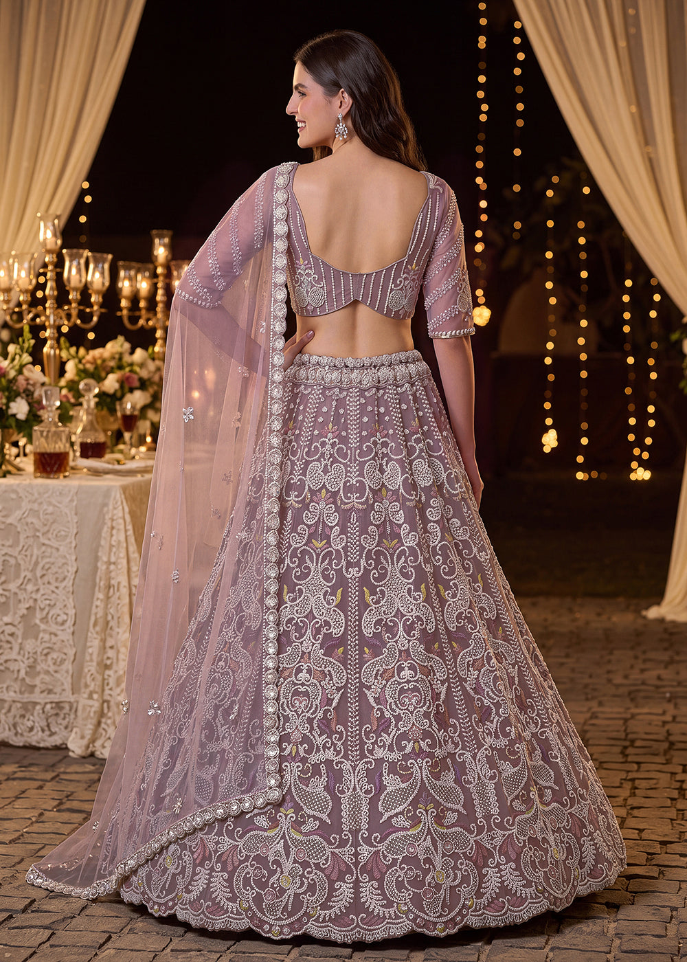 Shop Now Dreamy Lilac Sheer-Sleeve Party Wear Lehenga Choli Online in USA, UK, Canada, France, Germany, Spain, Austria, Sweden, UAE &amp; Worldwide at Empress.