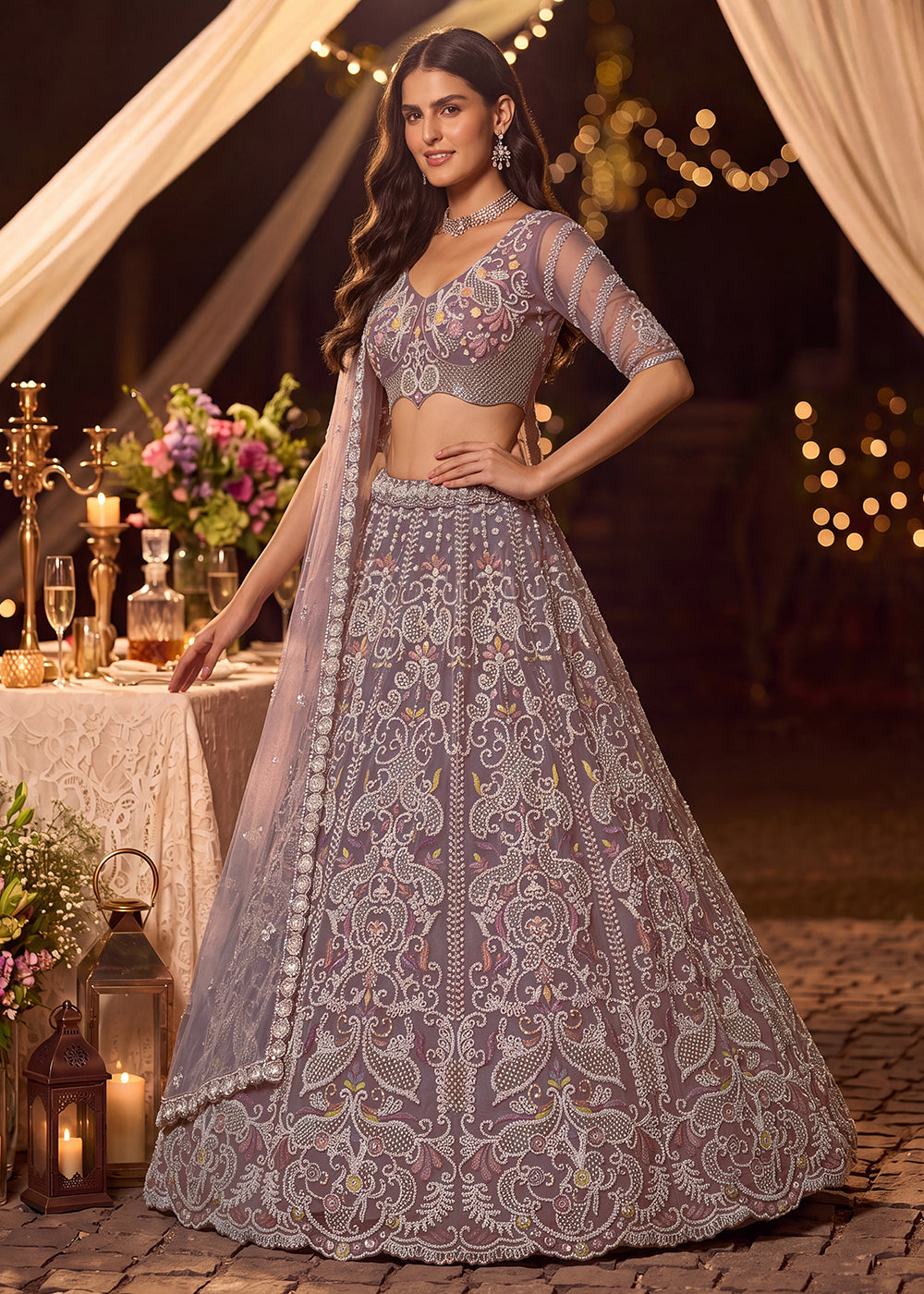 Shop Now Dreamy Lilac Sheer-Sleeve Party Wear Lehenga Choli Online in USA, UK, Canada, France, Germany, Spain, Austria, Sweden, UAE &amp; Worldwide at Empress.