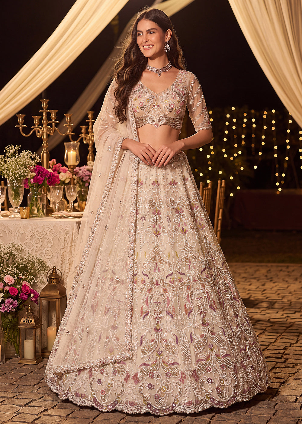 Shop Now Dreamy Cream Sheer-Sleeve Party Wear Lehenga Choli Online in USA, UK, Canada, France, Germany, Spain, Austria, Sweden, UAE &amp; Worldwide at Empress.