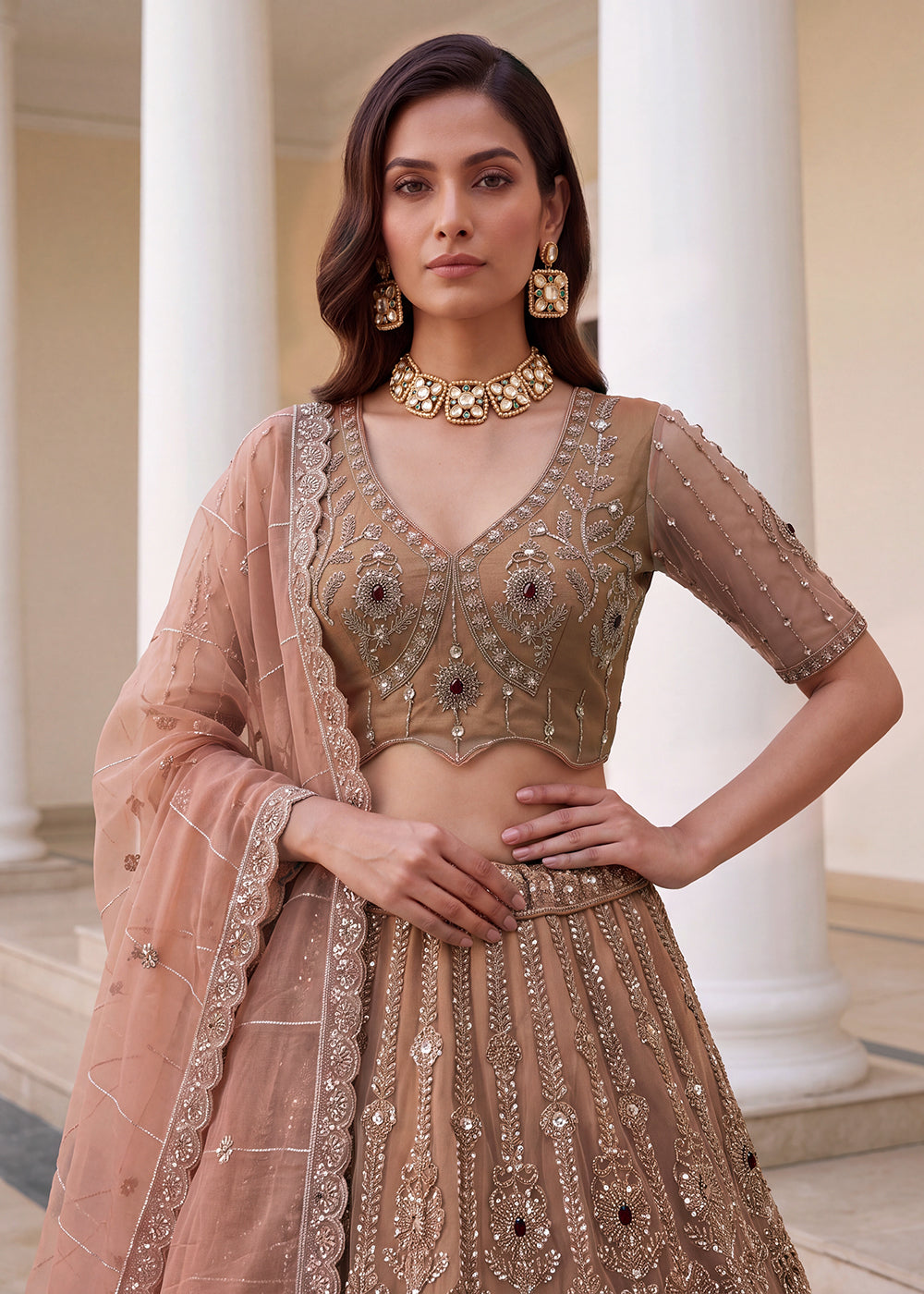 Shop Now Eye-catchy Peach Ruby Stone Work Wedding Lehenga Choli Online in USA, UK, Canada, France, Germany, Austria, Australia, Italy &amp; Worldwide at Empress.