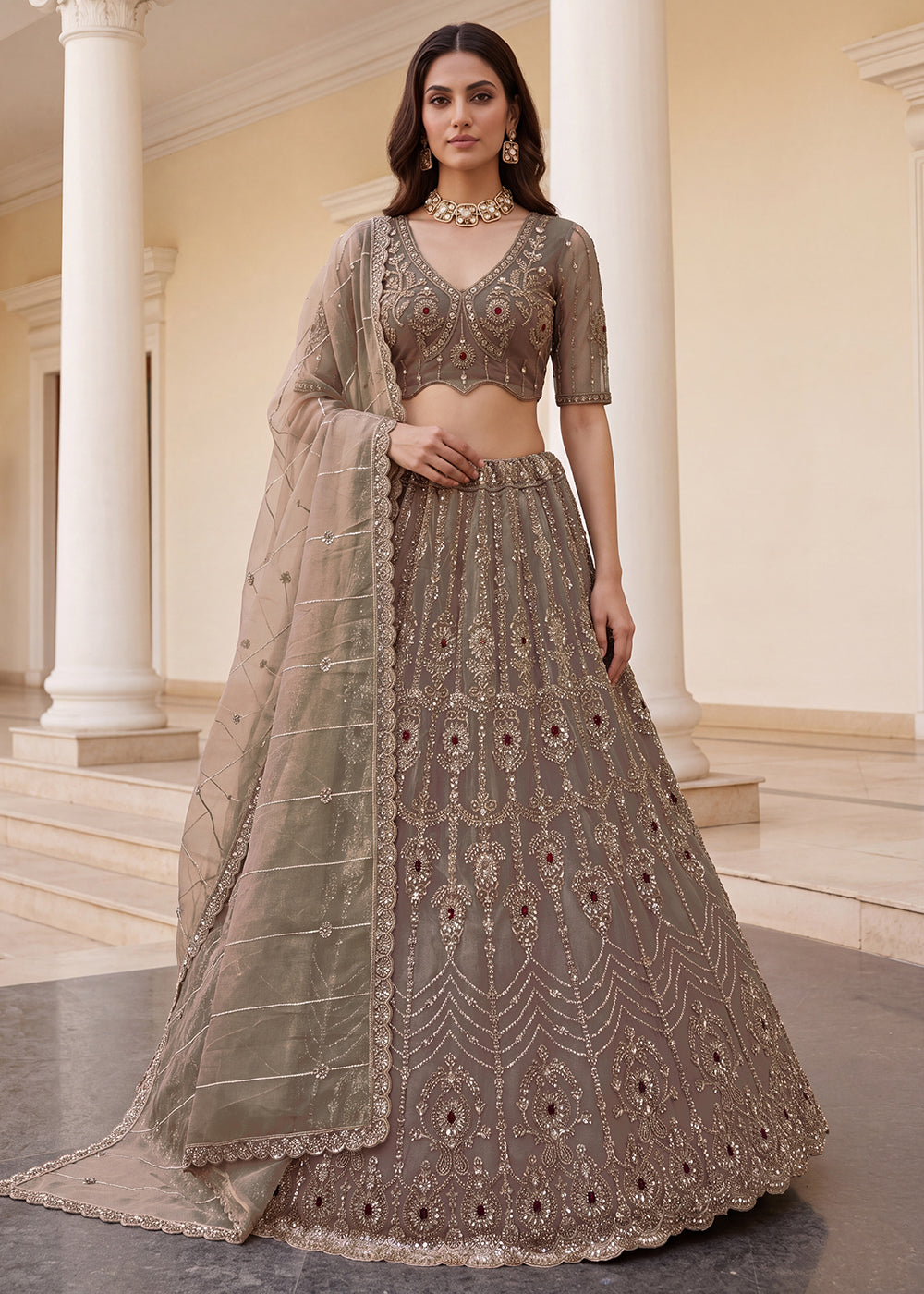 Shop Now Eye-catchy Beige Ruby Stone Work Wedding Lehenga Choli Online in USA, UK, Canada, France, Germany, Austria, Australia, Italy &amp; Worldwide at Empress.