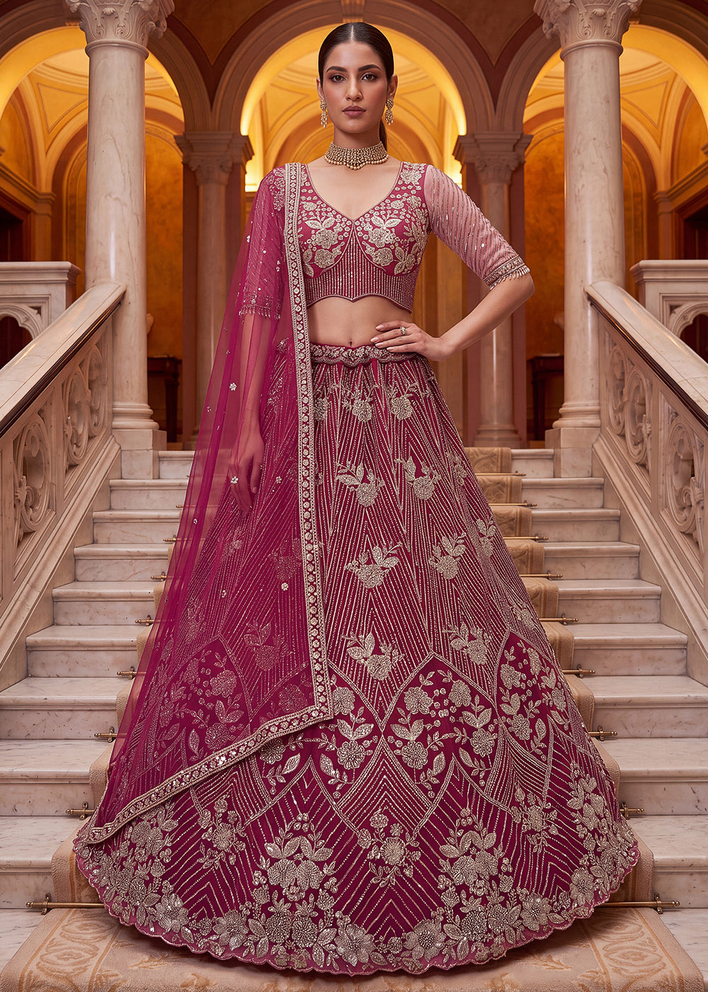 Shop Breathtaking Pink Heavy Embroidery Reception Party Lehenga Choli Online in USA, UK, Canada, France, Germany, Spain, Austria, UAE & Worldwide at Empress.