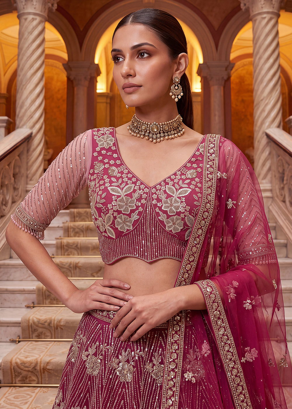 Shop Breathtaking Pink Heavy Embroidery Reception Party Lehenga Choli Online in USA, UK, Canada, France, Germany, Spain, Austria, UAE & Worldwide at Empress.