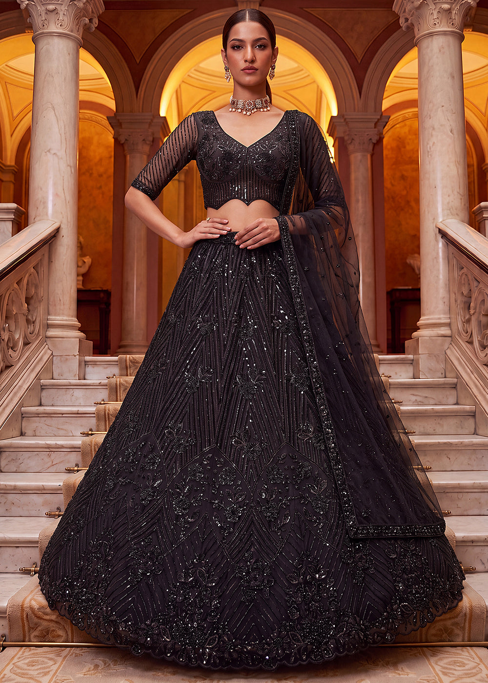 Shop Breathtaking Black Heavy Embroidery Reception Party Lehenga Choli Online in USA, UK, Canada, France, Germany, Spain, Austria, UAE & Worldwide at Empress.