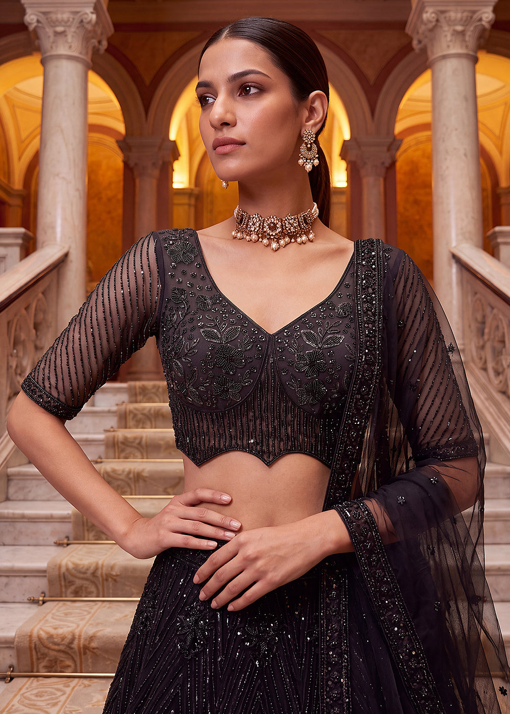 Shop Breathtaking Black Heavy Embroidery Reception Party Lehenga Choli Online in USA, UK, Canada, France, Germany, Spain, Austria, UAE &amp; Worldwide at Empress.